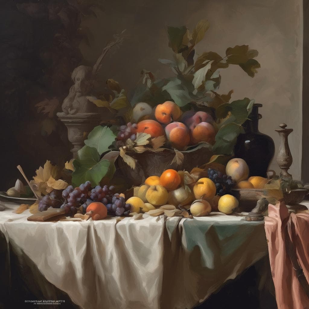 Φωτογραφία από μεγάλο πίνακα με φρούτα και διακοσμητικά στοιχεία, αντικείμενο που απεικονίζει δημιουργούς και καινοτομίες στη ζωγραφική τέχνη.
