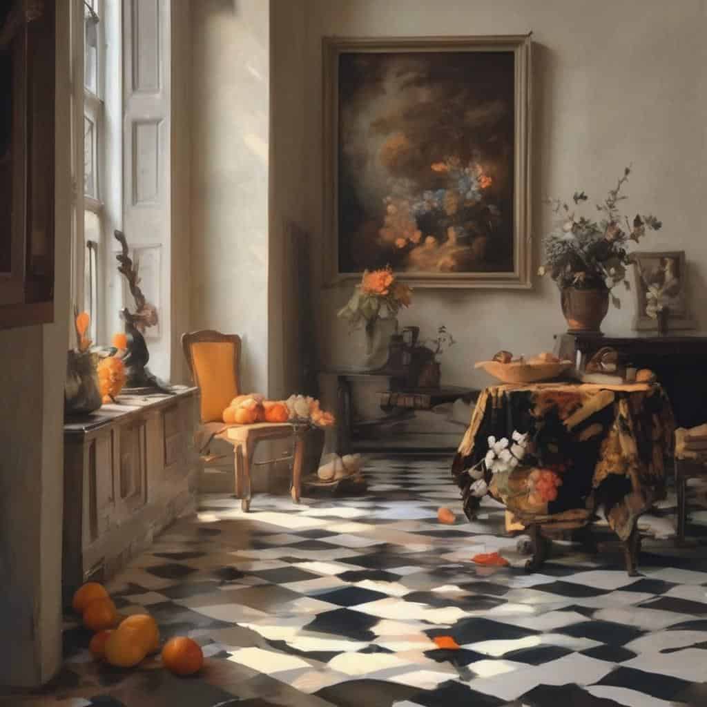 Ιστορικό εσωτερικό χώρου με μεγάλοι δημιουργοί και καινοτομίες στην τέχνη, στολίδια και πίνακες, σε κλασικό στυλ.